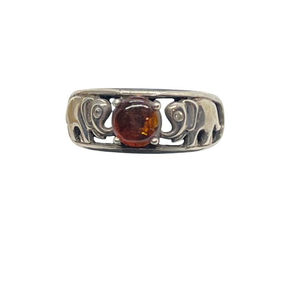Vintage Sterling Silver Amber Elephant Ring Trunk Up Good Luck - Picture 1 of 4